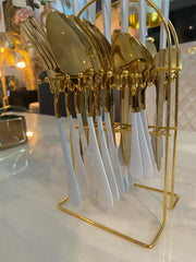 24 Piece Gold & White Cutlery Set With Stand
