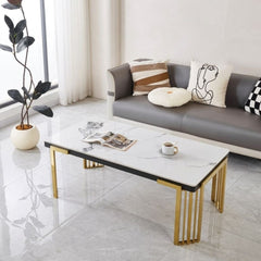 Cindy White Sintered Stone Coffee Table - Luxury Gold Geometric Base