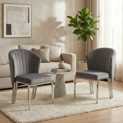 Set of 2 Grey Velvet Fabio Dining Chairs with Modern Silver Frame