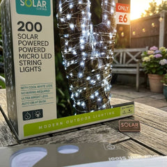 Solar Powered 200 Cool White Micro LED Lights - 19.9m Garden String