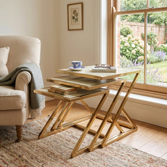 Carra Gold Nest of Tables Set of 3 Cream Marble Living Room Tables