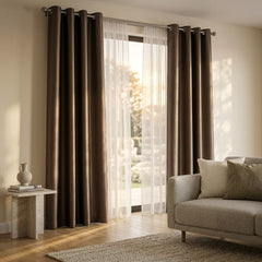 Brown Faux Silk Fully Lined Eyelet Curtains - 1 Pair,