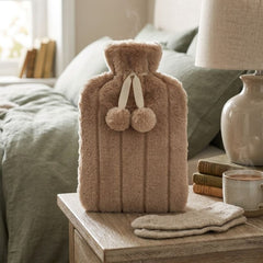 Biscuit 2L Faux Fur Hot Water Bottle - Luxury Plush Pom Pom Winter Gift