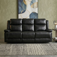 Casper Black Leather 3 Seater Manual Recliner Sofa Cup Holders