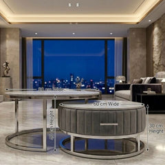 Melrose Grey Ceramic Nest Of Coffee Tables - Set of 2 Storage Grey Fabric