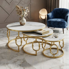 Ayla Gold Nest of 3 Marble Coffee Tables with Steel Frame Set