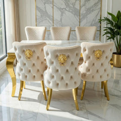 Sofia 1.8m Cream & Gold Marble Table & 6 Victoria Mink Lion Chairs