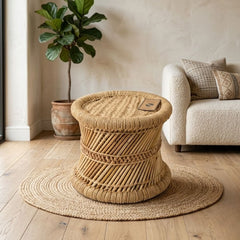 About Home Handcrafted Bamboo Footstool - Round Natural Rattan Pouffe