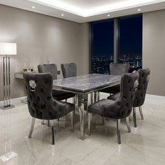 Sofia 1.8m Grey Marble Dining Table & 6 Victoria Grey Silver Chairs