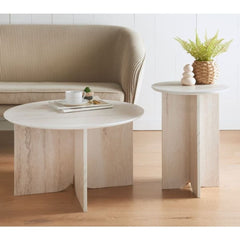 Travertine Effect Round Coffee Table - Modern Stone Style 70cm
