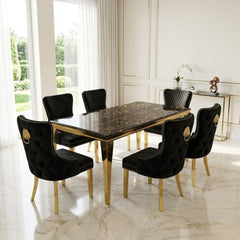 Sofia 1.8m Black & Gold Marble Table & 6 Victoria Black Lion Chairs