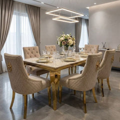 Sofia 1.6m Cream Gold Marble Dining Table & 6 Lion Back Velvet Chairs