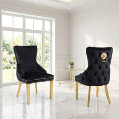 Set of 2 Victoria Black Velvet & Gold Dining Chairs with Lion Ring Knocker – Home Luxe Interior