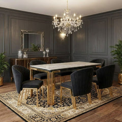 Sorrento 180cm White Marble Gold Leg Dining Table & 6 Fabio Black Chairs