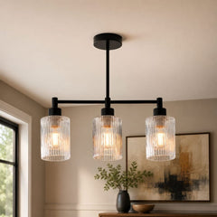 Ribbed Glass 3-Pendant Ceiling Light - Modern Black & Glass Fixture
