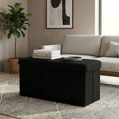 Gaveno Cavailia Black Ribbed Storage Bench - Foldable 110L Ottoman Box