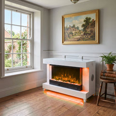 White Corner Fireplace TV Unit with LED Lights & Bluetooth Speakers