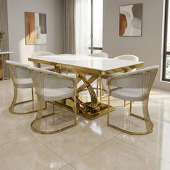 Elina 180cm Cream & Gold Marble Dining Table & 6 Porado Chairs Set
