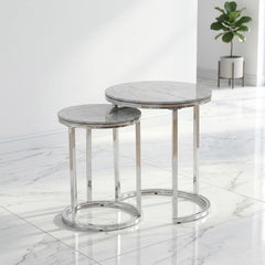 Aiza White Marble Effect Nest of 2 Side Tables - Modern Grey Frame