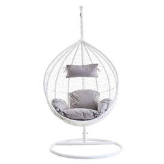 Goa White Rattan Effect Hanging Egg Chair Swing Grey Cushions
