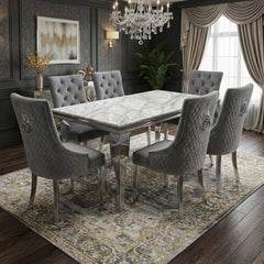 Sofia 1.8m Grey Marble Dining Table & 6 Minister Grey Lion Chairs