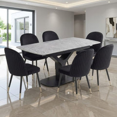 Sapphire 140-180cm Extending Grey Quartz Table & 6 Black Liza Chairs