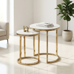 Aiza White Marble Effect Nest of 2 Side Tables - Luxury Gold Frame