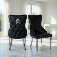 Set of 2 Black Victoria Dining Chairs with Lion Knocker Silver Legs