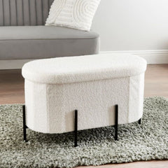 White Boucle Curved Storage Ottoman Bench with Black Metal Legs