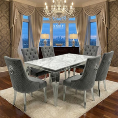 Sofia 1.6m Grey Marble Dining Table & 6 Minister Grey Lion Chairs