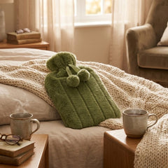 Sage Green 2L Faux Fur Hot Water Bottle - Luxury Plush Pom Pom Gift