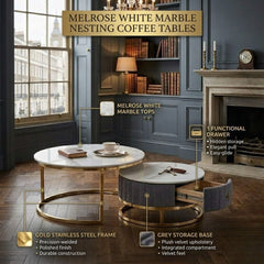 Melrose White Marble Nesting Coffee Tables Set of 2 with Storage