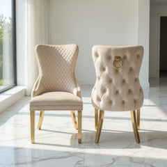 Set of 2 Mink Victoria Dining Chairs with Ring Knocker & Gold Legs