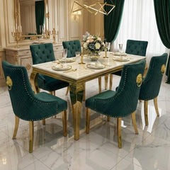 Sofia 1.6m Cream Gold Dining Table & 6 Green Lion Back Velvet Chairs