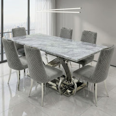 Elina 180cm Grey Marble Dining Table & 6 Grey Roxby Dining Chairs Set