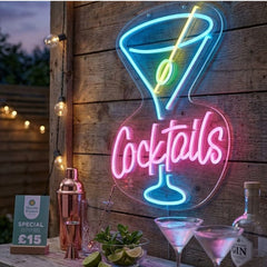 Mason & Jones Solar Powered Neon Cocktails Wall Sign - Outdoor Decor
