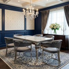 160cm Grey Marble & Silver Dining Table with 6 Porado Grey Chairs