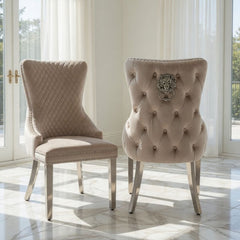 Set of 2 Victoria Mink Shimmer Dining Chairs with Lion Knocker Silver