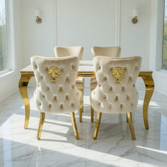 Sofia 1.2m Cream & Gold Marble Table & 4 Victoria Mink Lion Chairs