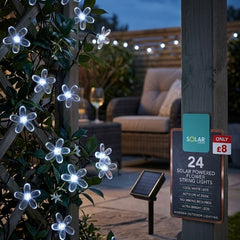 Solar Powered 24 LED Flower String Lights - White Garden Decor