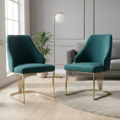 Set of 2 Lasco Green and Gold Velvet Dining Chairs with Metal Legs
