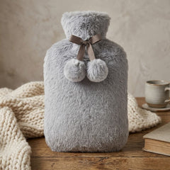 Taupe Tipped Faux Fur 2L Hot Water Bottle - Luxury Pom Pom Winter Gift