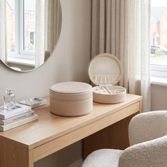 Home Luxe Faux Leather Round Jewellery Box Organiser | Nude Beige