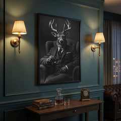 Home Luxe Framed Wall Art Stag In Suit Black & White Print 60X45Cm