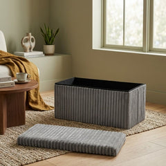 Grey Ribbed Fabric Storage Bench - Foldable Ottoman Ottoman Box 76cm