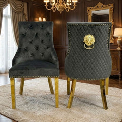 Set of 2 Minister Grey Velvet Dining Chairs with Gold Lion Knocker