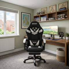 ZADAR White/Black Musical Gaming Chair with Bluetooth, RGB & Footrest