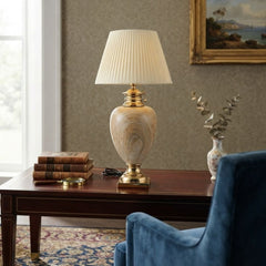 XL Cream & Gold Marble Table Lamp with Pleated Shade 104cm Tall