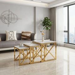 Aida White ceramic & Gold Nesting Tables - Set of 3 Square Side Tables
