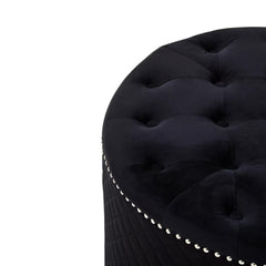 Zamora Round Black Velvet Ottoman - Button Tufted with Stud Detail